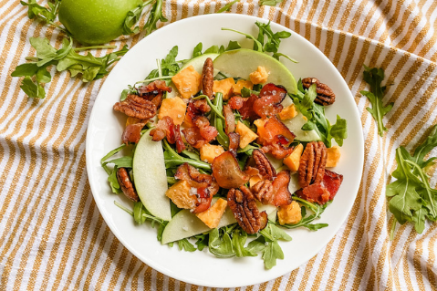 Apple + Bacon + Cheddar + Arugula Salad with Sriracha Maple Dressing