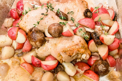 Turkey Drumstick + Mushroom + Potato Sheet Pan Dinner